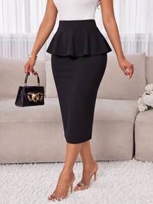 SHEIN Lady Women's Solid Color Patchwork Ruffle Elegant Pencil Skirt - Black - View 1