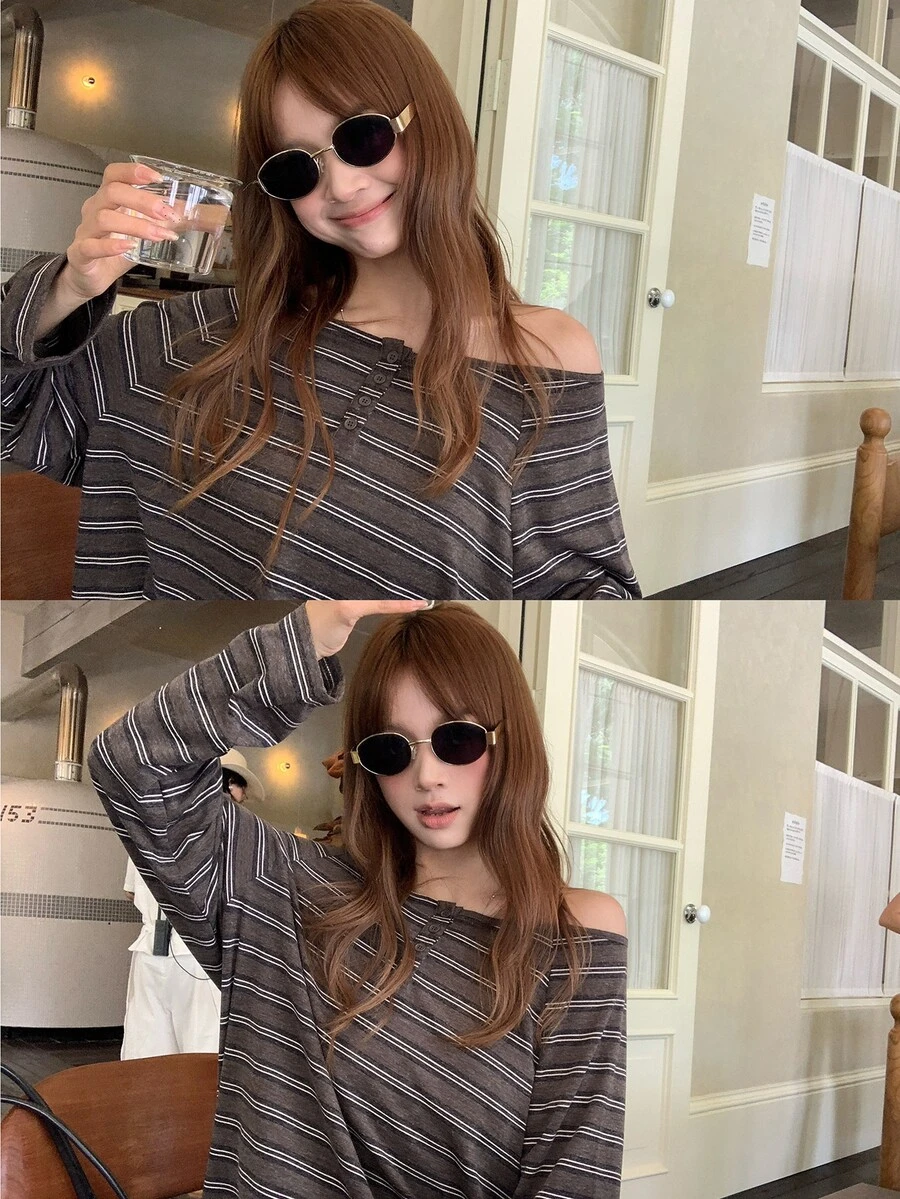DAZY Women's Striped Asymmetrical Shoulder Loose Casual T-Shirt - Coffee Brown - View 1