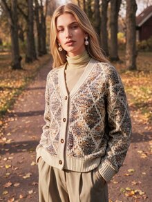 Anewsta Women's Winter Jacquard Loose Comfortable Knit Cardigan Top - Apricot - View 4