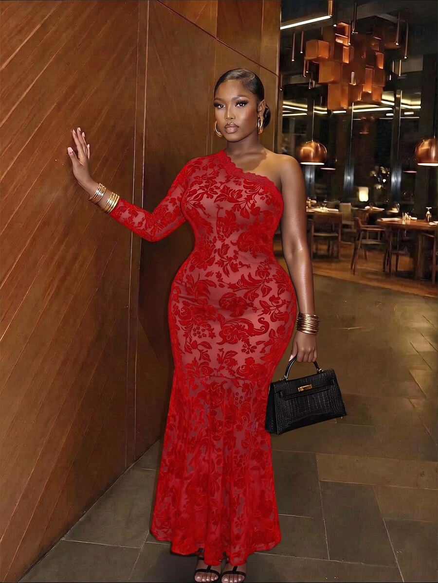 Slaydiva فستان مقاس كبير مثير وأنيق بكتف واحد من الدانتيل مع ذيل حورية البحر للخريف - الأحمر - مشاهدة 1