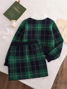 SHEIN 女童大童針織毛衣套裝 深綠色 格紋提花 方領 常規肩寬 長袖套頭毛衣上衣 + 毛衣裙 寬鬆 極簡優雅 英倫風 柔軟舒適 適合日常穿著與外出 秋冬 - 墨綠色 - 查看 2
