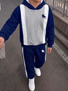 青少年男孩休閒極簡長袖連帽舒適衛衣2件套，適合秋冬，經典復古酷色塊拼接圖案印花，精緻小Logo騎士圖案印花 - 彩色 - 查看 5