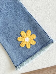 SHEIN 2pcs Toddler Girl Top Flare Jeans Sweet Yellow Blue Daisy Ribbed Ruffle Long Sleeve Round Neck Regular Holiday Spring Princess Birthday Raw - Yellow - View 6