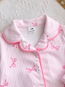 SHEIN 新生女嬰蝴蝶結針織休閒長袖連身衣 - 淺粉色 - 查看 4