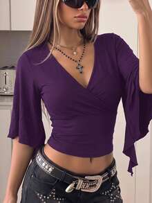 SHEIN ICON 女款夏季休閒純色收腰T恤 - 紫色 - 查看 11