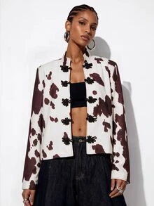 Aveloria GENKIRA Women's Fall Tweed Jacket, Off-White Colorblock Cow Print Animal Pattern, 3D Contrast Frog Buttons, Handmade Heavy Embellishment, Retro 70s Brunch - Multicolor - View 6