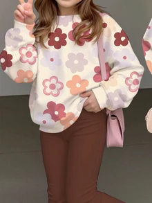 女童休閒極簡可愛波點與花卉圖案，美拉德色調，寬鬆圓領長袖衛衣與喇叭褲兩件套，抓絨內裡，適合秋冬，女童套裝，秋季新款，日系可愛，舒適 - 彩色 - 查看 3