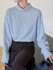 Dazy-Less Women's Striped Stand Collar Drop Shoulder Loose Casual Shirt - Blue - View 5