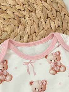 SHEIN 新生女嬰卡通熊圖案針織軟綿圓領長袖套頭上衣與鬆緊腰長褲2件套秋季套裝 - 彩色 - 查看 7