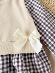 SHEIN 2Pcs Baby Girl Spring Fall Cotton Outfit, Casual Pit Stitch Plaid Spliced Puff Sleeve Knit Pullover + Solid Wide Leg Pants Beige Set - Apricot - View 6