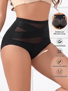 Coutiva Women's High Waist Mesh Criss-Cross Triangle Briefs, Tummy Control Butt Lifting Panties - Black - View 1