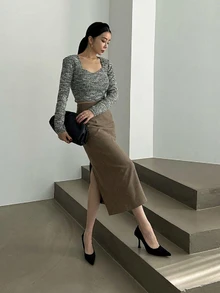 DAZY 女款純色優雅職場直筒開衩鉛筆裙，秋季裙子 - 卡其色 - 查看 4