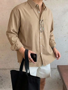 DAZY 春秋卡其色長袖素色通勤男士襯衫 - 卡其色 - 查看 4