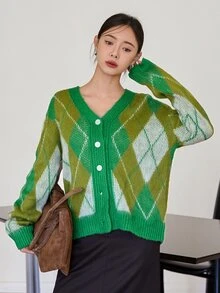Dazy-Less Women's Olive Green Round Neck Button Cable Knit Long Sleeve Fitted Ribbed Cardigan, Fall/ Brunch Casual Preppy - Green - View 4