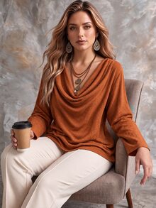 Ceyna Plus Size Solid Color Casual Minimalist Cowl Neck Loose Long Sleeve Shirt - Orange - View 6
