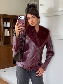 Aloruh Women's Autumn/Winter Burgundy PU & Fur Patchwork Jacket, Casual Versatile Outerwear - Burgundy - View 4