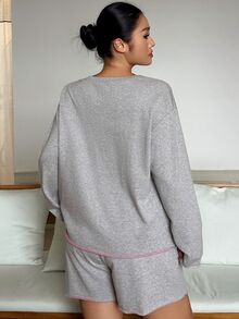 Dazy Plus Set Pakaian Santai 2 Potong: Kaos Lengan Pendek Polos Longgar & Celana Pendek Piyama Lurus - Grey - View 2