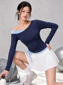 DAZY Women's Colorblock Asymmetric Collar Side Drawstring Casual Fitness Sports T-Shirt - Navy Blue - View 4