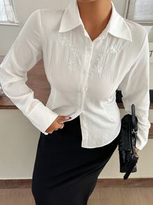 Dazy Plus Floral Embroidered Fitted Waist Long Sleeve Collared Elegant Vacation Spring Autumn Blouse Shirt - White - View 5