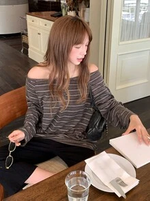 DAZY Women's Striped Asymmetrical Shoulder Loose Casual T-Shirt - Coffee Brown - View 5