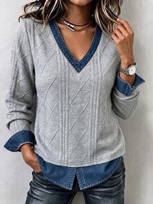 Wandoria Recommended Bestselling Autumn/Winter Casual Design V-Neck 2 In 1 Denim Effect Colorblock Grey Textured Long Sleeve Sweatshirt Top, Suitable For Daily Wear, Shopping, Dating, Commuting, Back To School Season Essential, Loose Fit, Flattering, Versatile Style - Grey - View 6