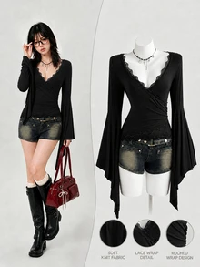 Elamini Women's Solid Color Contrast Lace V-Neck Flared Sleeve Fashion T-Shirt - Black - View 3