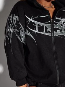 ROMWE Street Life Plus Size Women's Autumn/Winter Street Style Casual Printed Gothic Zip-Up Hooded Long Sleeve Sweatshirt - Black - View 9