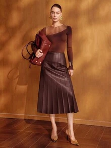 MOTF PREMIUM WOMEN'S BURGUNDY PU SKIRT, ELEGANT COMMUTE STYLE, AUTUMN/WINTER - Brown - View 4