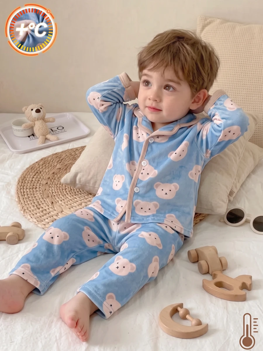 2pcs Baby Boy Soft Plush Turn-Down Collar Open Front Trim Design Long Sleeve Long Pants Pajama Set - Dusty Blue - View 1