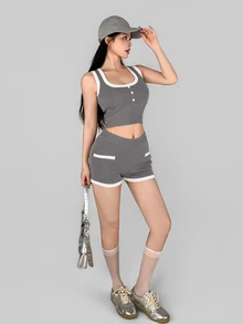 DAZY Women's Contrast Color Button Design Cropped Tank Top And Shorts Sports Set - Grey - View 7