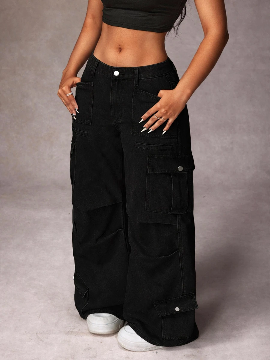 SHEIN Unity Plus Size Fashion Button Pocket Cargo Denim Jeans - Black - View 1