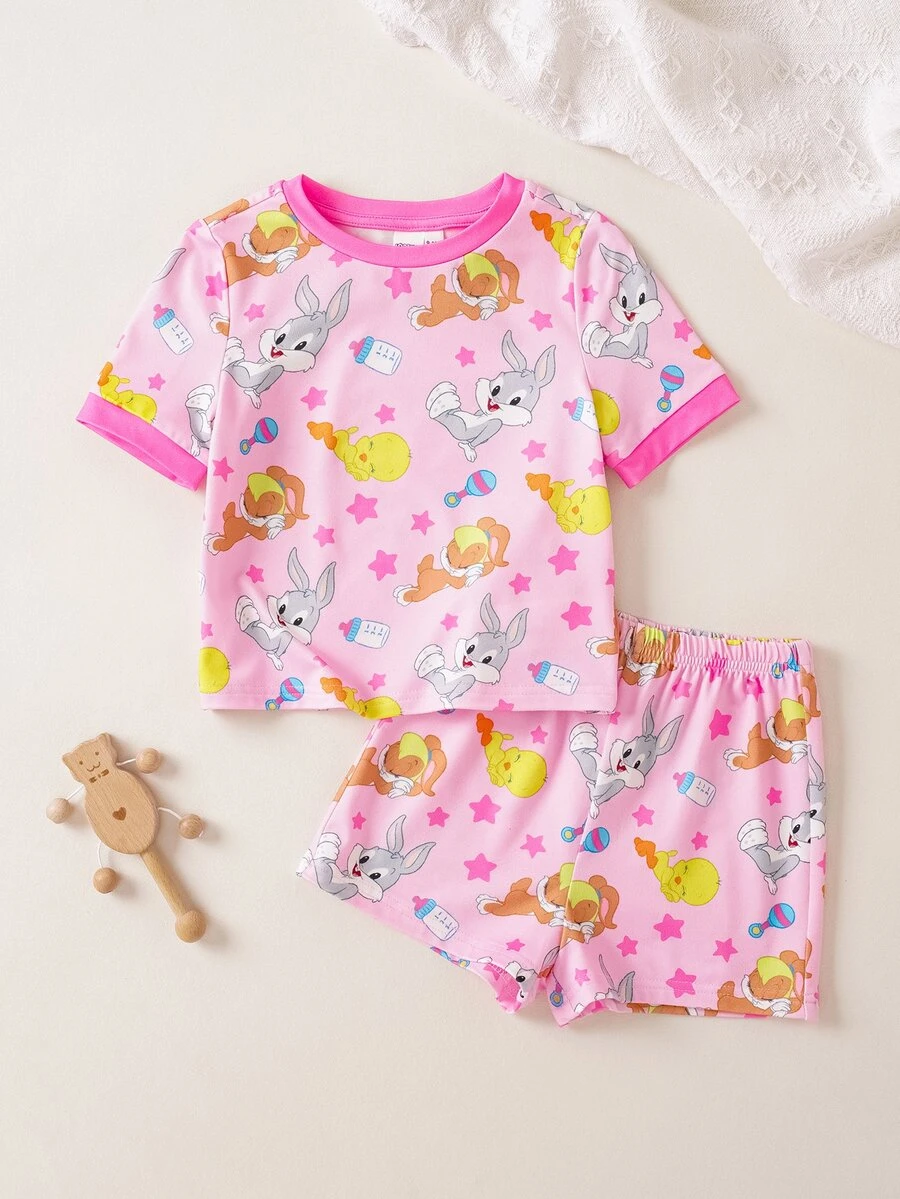 LOONEY TUNES X SHEIN Baby Girl Cartoon Print Short Sleeve Top And Shorts Loungewear Set - Multicolor - View 1