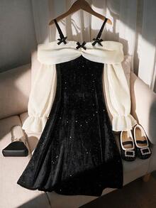 1pc Girls Sweet Style Party Date Spring Autumn Colorblock Bow Off-Shoulder Glitter Long Sleeve Dress - Black and White - View 1