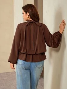 Auralis Coffee Brown Raglan Long Sleeve Plus Size Loose Waist Elastic Ruffle Hem Pullover Blouse Casual Top Elegant Office Formal Business Work Women Autumn - Brown - View 2