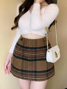 Dazy Plus Korean Style Plaid Short Thickened Autumn/Winter New Wool Skirt - Brown - View 5