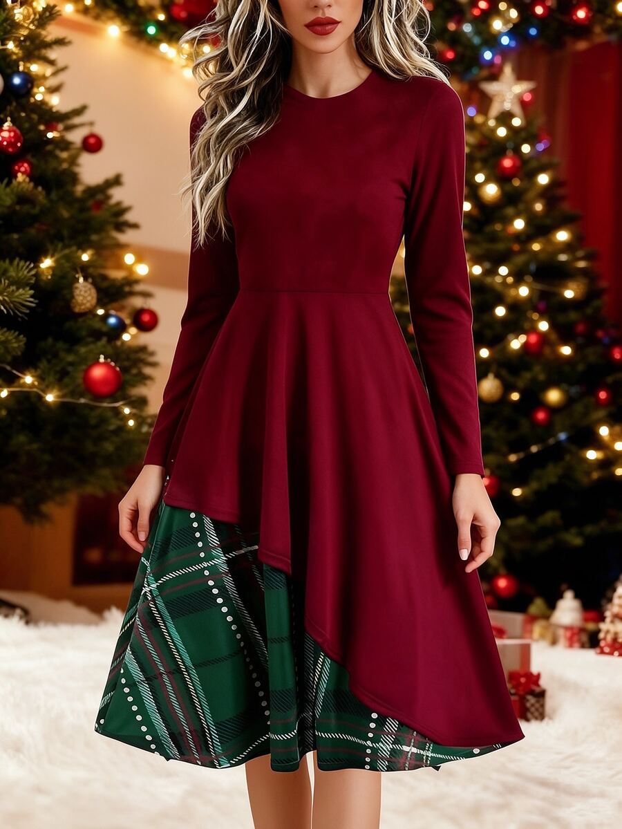 Balvessa Women's Autumn/Winter Plaid Patchwork Christmas Long Sleeve Dress - Burgundy - View 1