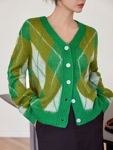 Dazy-Less Women's Olive Green Round Neck Button Cable Knit Long Sleeve Fitted Ribbed Cardigan, Fall/ Brunch Casual Preppy - Green - View 6