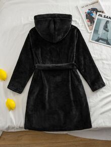 Jubah Berkerudung Kasual Serbaguna dengan Ikat Pinggang Warna Polos untuk Anak Perempuan Remaja - Hitam - View 2