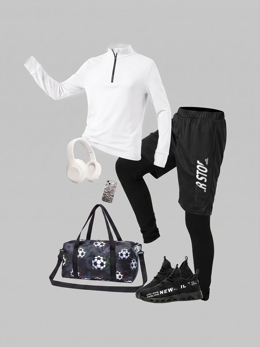 SHEIN Kids Tween Boy Bright Color Stand Collar Half-Zip Long Sleeve Pants Comfortable Sportswear - Black and White - View 1