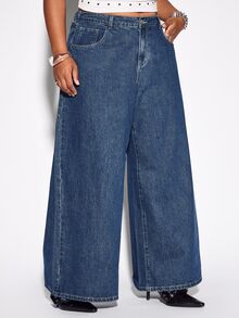 ROMWE Street Life Plus Size Women's Spider Web Embroidered Pattern Loose Straight Leg Jeans - Blue - View 5