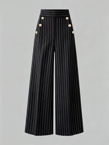SHEIN LUNE CURVE Plus Striped Print Button Decor Wide Leg Pants Fall - Black - View 4