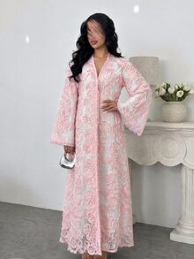 Yasmyna Women's Floral Embroidered Fabric Loose Casual Elegant Fashion Long Robe - Baby Pink - View 8