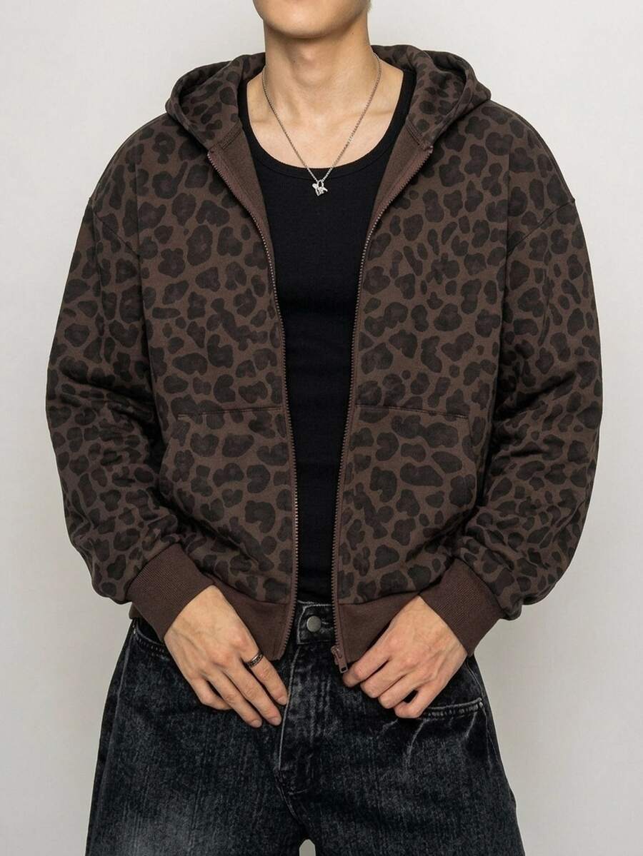 DAZY Men's Fashion Leopard Print Zip-Up Hoodie - Brown - View 1