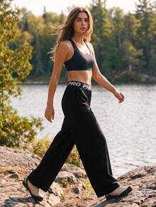 WanderVale 1pc Women's Black Letter Print Wide Leg Pants - Black - View 4