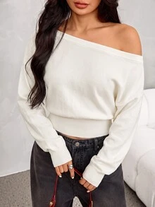 SHEIN PETITE 女款純色不對稱肩休閒性感優雅百搭日常長袖針織衫 夜店聚餐黑色秋季 - 白色 - 查看 4