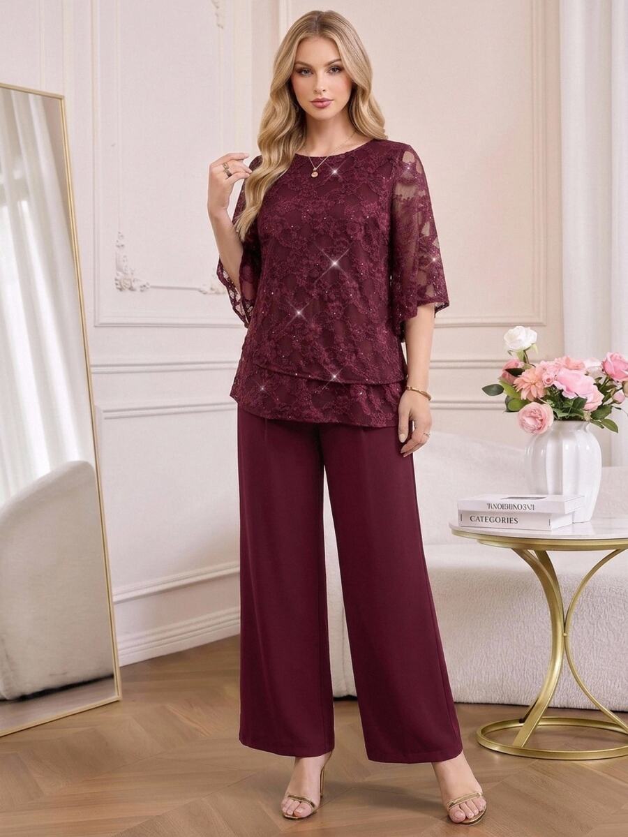 Amorya Women's Jacquard Shiny Design Short Sleeve Top And Wide Leg Pants Elegant Two Pieces Set - Burgundy - View 1
