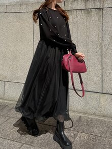 FRIFUL Gaun Pesta Kasual Wanita dengan Hiasan Mutiara Imitasi dan Motif Jala - Hitam - View 4