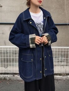 FRIFUL Women's Raglan Long Sleeve Zipper Front Casual Loose Fit Denim Jacket - Blue - View 4