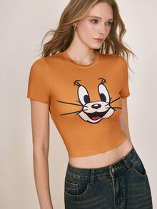 TOM & JERRY X SHEIN 女款街頭風卡通印花短袖T恤 - 棕色 - 查看 4