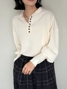 FRIFUL Women's Solid Color Button Half-Placket Drop Shoulder Long Sleeve Casual T-Shirt - Beige - View 3